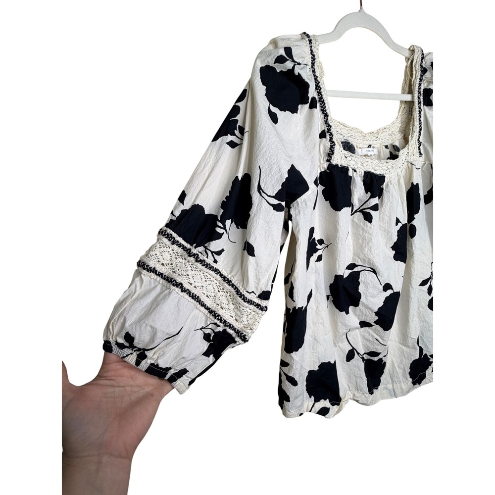 Maurices White Black Floral Crochet Lace Square Neck 3/4 Balloon Sleeve Blouse L - Picture 2 of 9